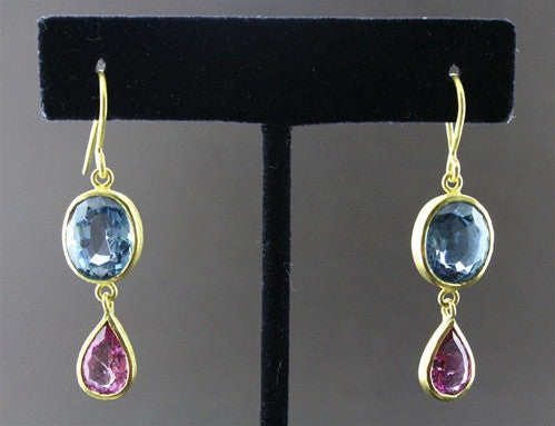 Susan Gordon Blue Topaz, Pink Tourmaline Earrings 22k Yellow  Gold