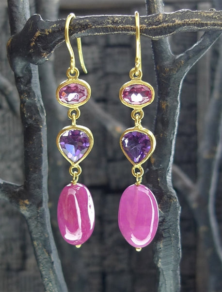 Susan Gordon Ruby, Pink Tourmaline and Amethyst Earrings 22k Yellow Gold