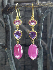 Susan Gordon Ruby, Pink Tourmaline and Amethyst Earrings 22k Yellow Gold