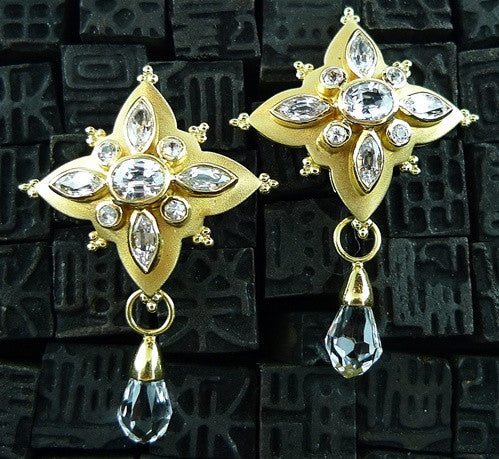 Paula Crevoshay White Sapphire Drop Earrings in 18K Yellow Gold