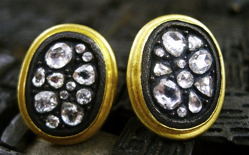 Yossi Harari Sara Clip Earrings of 24K Yellow Gold, Oxidized Gold, and Rose Cut Diamonds