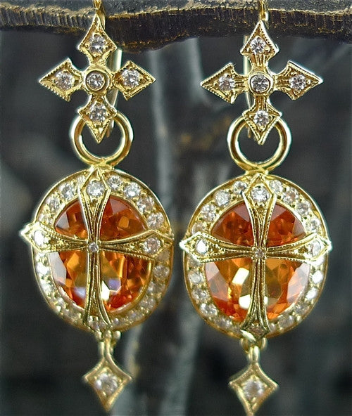 Erica Courtney 18K Yellow Gold, Mandarin Garnet and Diamond Charms with Cross Huggie Earrings