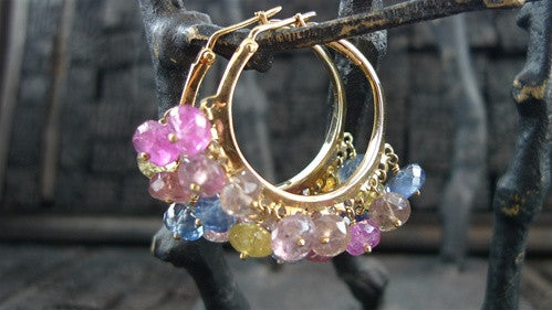 Talisman Unlimited Beaded Mixed Sapphire Hoop Earrings in 14K Yellow Gold