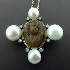 Venetian Volcanic Lava Cameo Diamond and Pearl Pendant with 18K Gold Chain