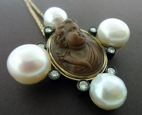 Venetian Volcanic Lava Cameo Diamond and Pearl Pendant with 18K Gold Chain