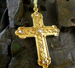 Estate Rose Cut Diamond and 22K Yellow Gold Cross Pendant