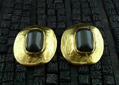 Robert Goossens Black Stone Clip Earrings in 24K Yellow Gold Vermeil