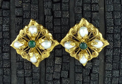 Robert Goossens Pearl and Green Stone Clip Earrings in 24K Yellow GOld Vermeil