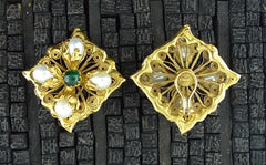 Robert Goossens Pearl and Green Stone Clip Earrings in 24K Yellow GOld Vermeil