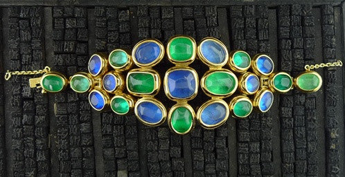 Robert Goossens Multi-Colored Blue and Green Stone Bracelet in 24K Yellow Gold Vermeil