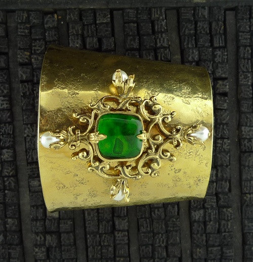 Robert Goossens Wide Gold Vermeil Cuff with Green Stone and Pearls