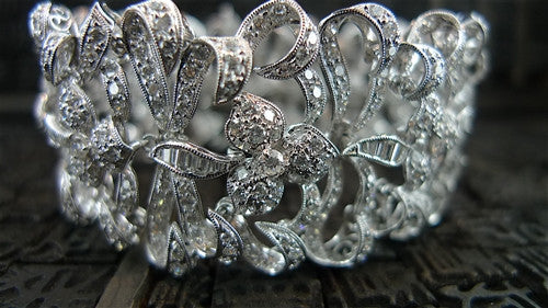 Estate Art Deco Style 18K White Gold and Diamond Wide Ribbon Bracelet