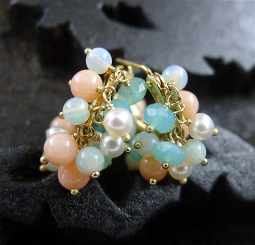 Talisman Unlimited 14K Yellow Gold Baby Fringe Hoop Earrings of Pearl, Coral and Peruvian Opal