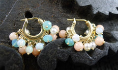 Talisman Unlimited 14K Yellow Gold Baby Fringe Hoop Earrings of Pearl, Coral and Peruvian Opal