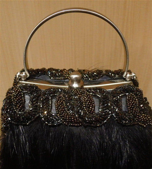 Moo Roo Black Feather Evening Purse with Bronze Beading