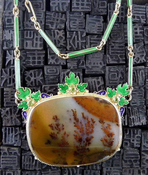 Rare Picture Agate Necklace in Vermeil with Enameling, Peridots and Seed Pearls