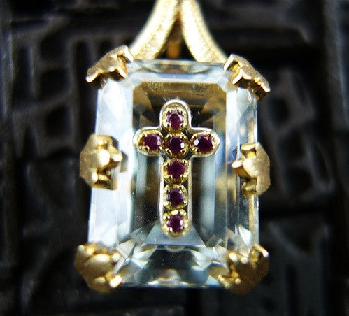 Pade Vavra White Faceted Topaz and Ruby Cross Earring 18K Yellow Gold