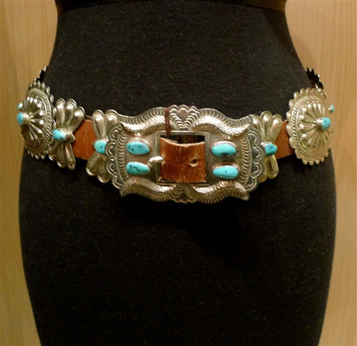 Antique Sterling Silver and Turquoise Concha Belt