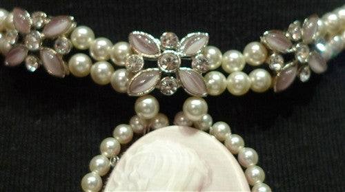 Mindy Lam Pearl Choker Necklace with Cameo and Swarovski Crystals