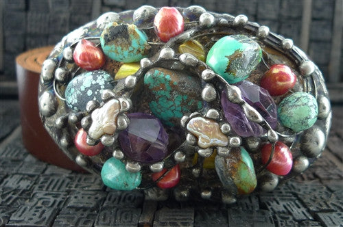 Mikal Winn Turquoise, Amethyst, and Crystal Encrusted Belt Buckle with Leather Strap