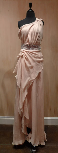 Jenny Packham Nude Grecian Goddess One Shouldered, Jeweled Silk Gown