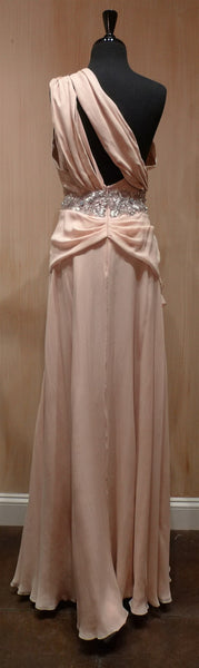 Jenny Packham Nude Grecian Goddess One Shouldered, Jeweled Silk Gown