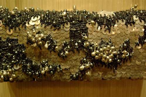 Bernard Chandran Embellished Black Silk, Silver Paillettes, Silver Bells, and Black Beads Evening Bag