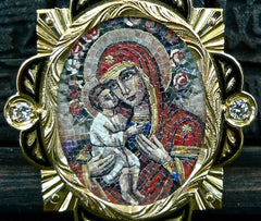 Russian MicroMosaic Madonna & Child Pendant in 18K Yellow Gold and Diamonds Necklace