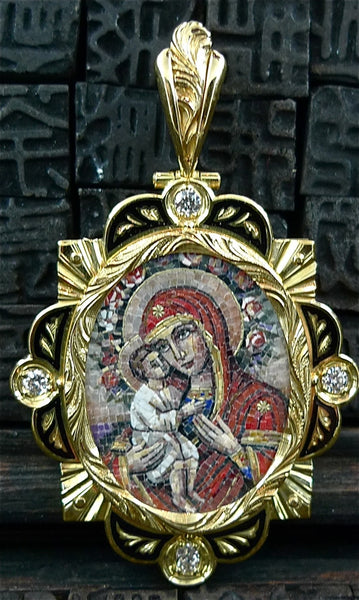 Russian MicroMosaic Madonna & Child Pendant in 18K Yellow Gold and Diamonds Necklace