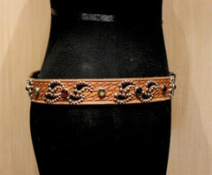 B-Low the Belt Western Basketweave Tooled and Studded Western Belt with Multi Colored Crystals