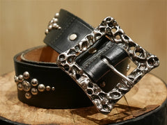 B-Low The Belt Silver Studded Square Buckle Black Belt