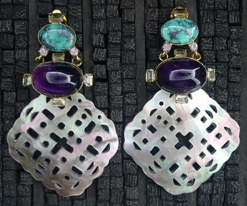 Iradj Moini Earclips of Amethyst, Citrine, Turquoise, and Abalone