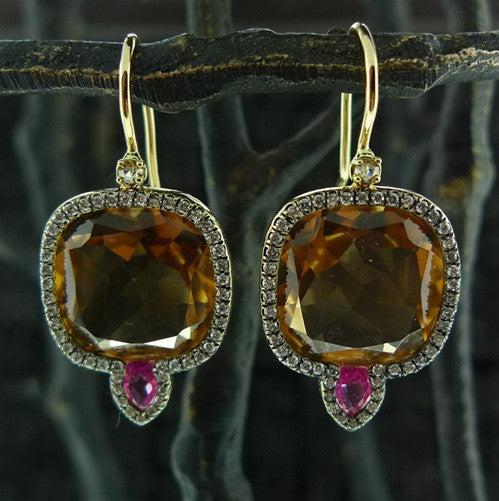 Jemma Wynne Whiskey Quartz, Pink Sapphire and Diamond Earrings in 18K Gold