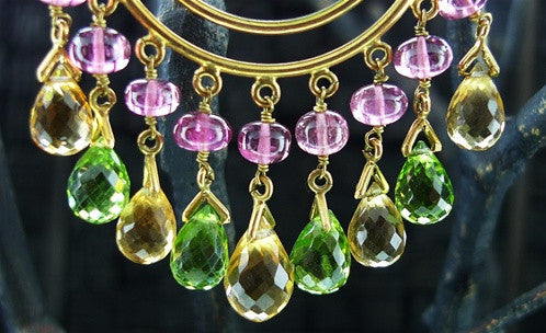 Amrapali 18K Yellow Gold Earrings with Pink Tourmaline, Citrine, Peridot