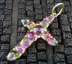 Jemma Wynne 18K Yellow Gold and Bicolor Watermelon Tourmaline Cross Pendant