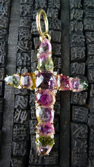 Jemma Wynne 18K Yellow Gold and Bicolor Watermelon Tourmaline Cross Pendant