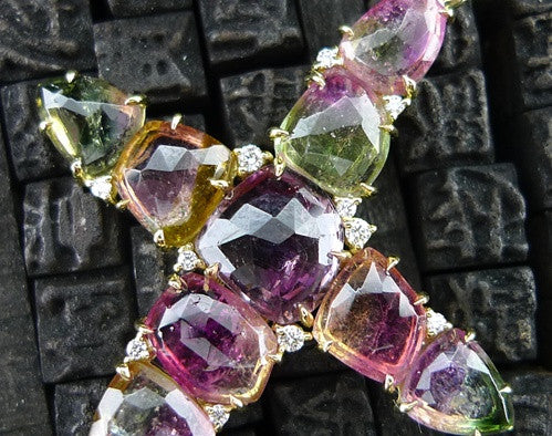 Jemma Wynne 18K Yellow Gold and Bicolor Watermelon Tourmaline Cross Pendant