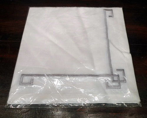 Kim Seybert Silver Embroidered Greek Key Design on White Napkin