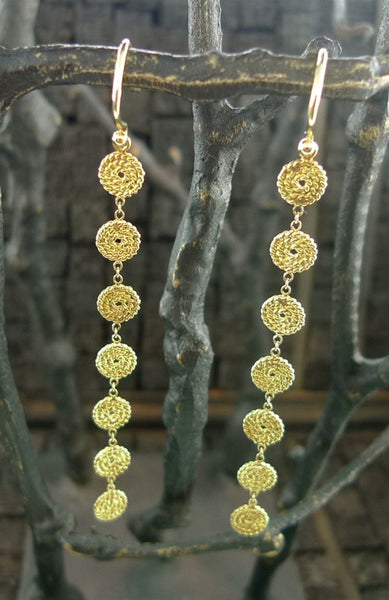 Drop Earrings of Circular Discs in 14K Yellow Gold