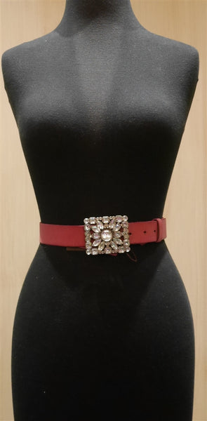 Linea Pelle Pink Leather Belt with Jeweled Buckle