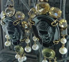 Iradj Moini Buddha Cameo Earclips/Earrings of Black Obsidian, Citrine & Pearl