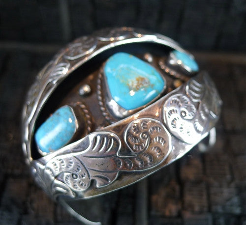 Sterling Silver and Turquoise Shadow Box Cuff Bracelet, Signed