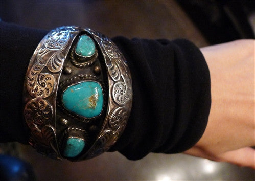 Sterling Silver and Turquoise Shadow Box Cuff Bracelet, Signed