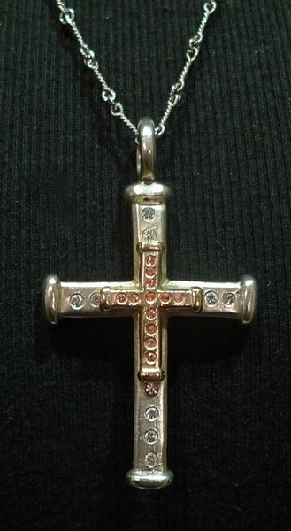 Julez Bryant Sterling Silver and 14K Yellow Gold Cross Necklace with Diamonds and Orange Sapphires