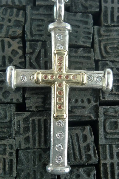 Julez Bryant Sterling Silver and 14K Yellow Gold Cross Necklace with Diamonds and Orange Sapphires