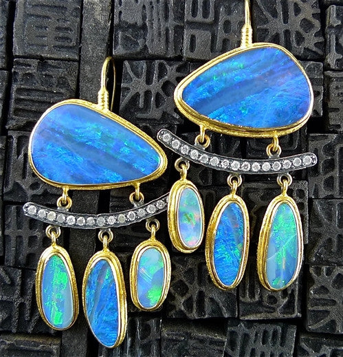 ARA 24K Collection Opal Doublet and Diamond Drop Earrings in Pure Gold with Oxidized Silver