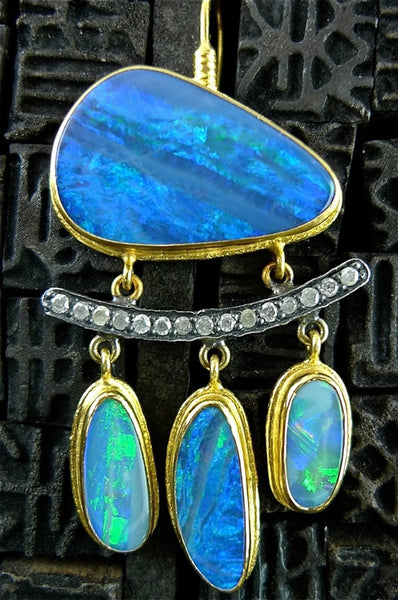 ARA 24K Collection Opal Doublet and Diamond Drop Earrings in Pure Gold with Oxidized Silver