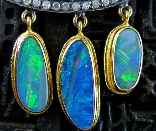 ARA 24K Collection Opal Doublet and Diamond Drop Earrings in Pure Gold with Oxidized Silver