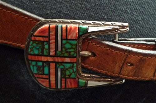 Southwestern Ranger Belt Buckle in Sterling Silver Spiny Coral and Turquoise Inlay