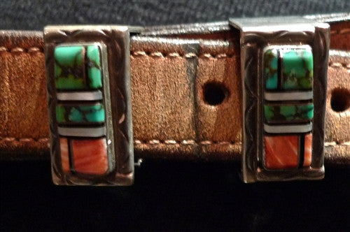 Southwestern Ranger Belt Buckle in Sterling Silver Spiny Coral and Turquoise Inlay